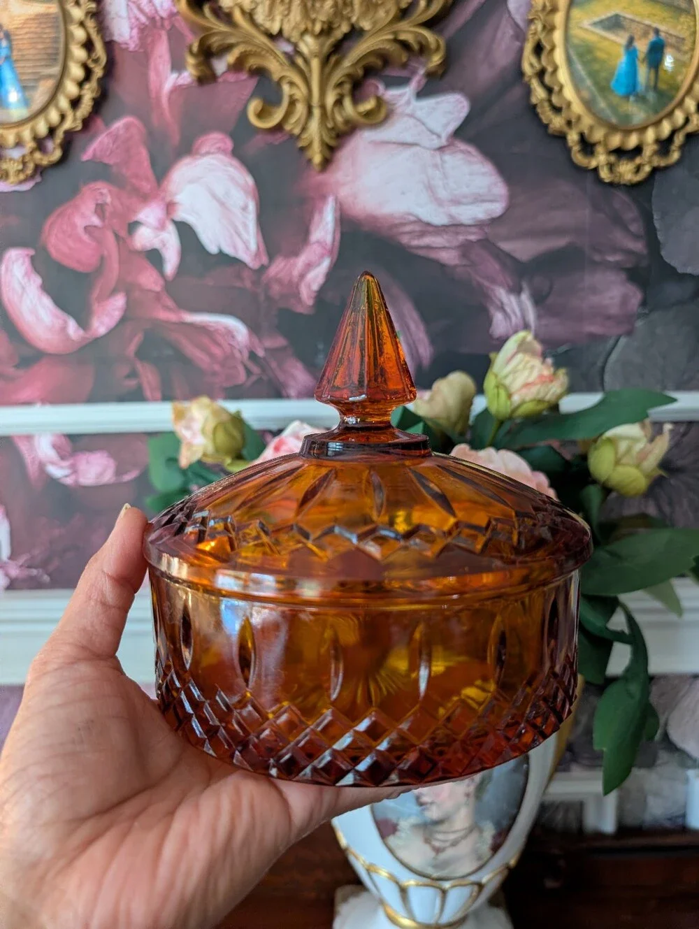 Vintage Indiana Glass Amber Lidded Candy Dish and Lid Princess Pattern 6